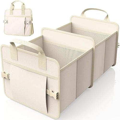 HOTOR Trunk Organizer for Car - Water-Resistant Car Organizer, Trunk Organizer for SUV, Multi-Compartment Car Organization, Car Accessories with Handles and Buckles, Beige, 22.44"×12.80"×10.83"