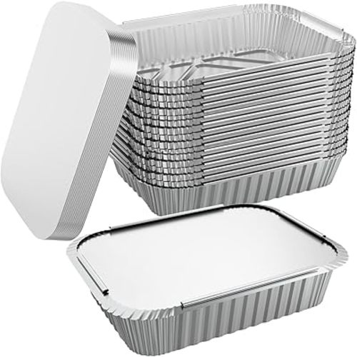 50 PACK 8.3"x6.2" Disposable Tin Foil Pans with Lids 2.25LB Aluminum Pans To Go Containers for Cooking, Baking, Catering Party Meal Prep, Take Out, Freeze