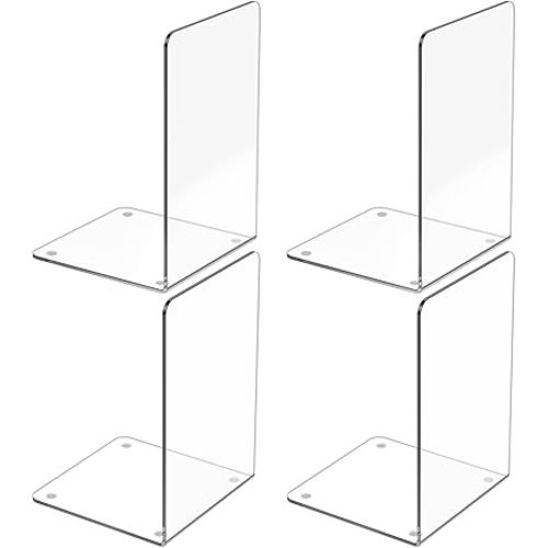 Acrylic Bookends 4 Pcs, Clear Book Ends for Shelves, Transparent Bookend Organizer, Book Holder Stand Decorative, Book Stoppers for Heavy Duty Books, CD, File, Video Games