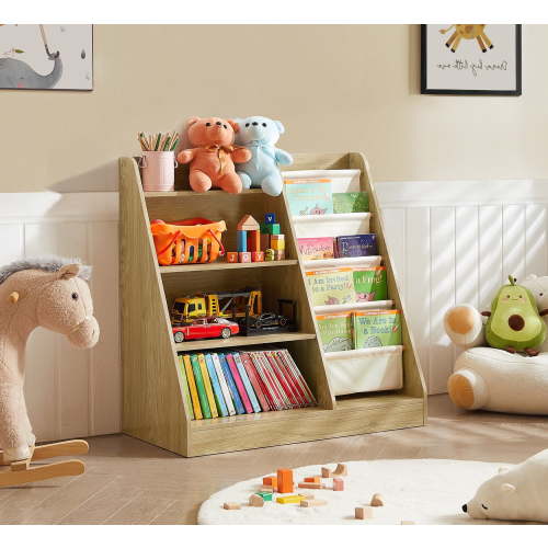 Kids Toy Storage Bookshelf & Organizer,32 Inch Solid Wood Bookcase for Toddlers, Daycare & Playroom,Child-Sized Sling Shelf with Safety Rails,Easy Assembly Nursery Furniture, Durable Kids Bookshelves