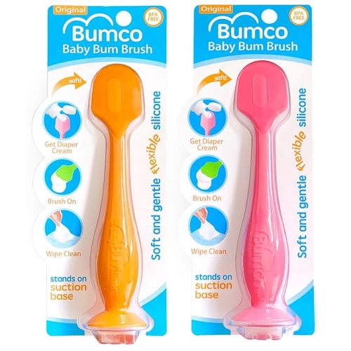 Bumco 2-PACK Diaper Cream Spatula - FULL-SIZE + MINI Baby Bum Brush with TRAVEL CASE - Diaper Cream Applicator for Baby - Baby Necessities - Suitable for Aquaphor, Desitin - Orange & Pink - Full-size Bundle - Orange + Pink