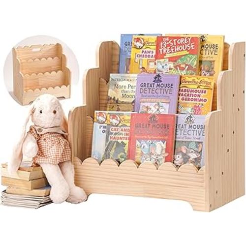 Kids Bookshelf Storage 3-Tier, Book Case for Kids Rooms, Scalloped Wooden Montessori Bookcase for Toddlers & Baby, Small Nursery & Classroom Book Shelves, Solid Wood Organizer