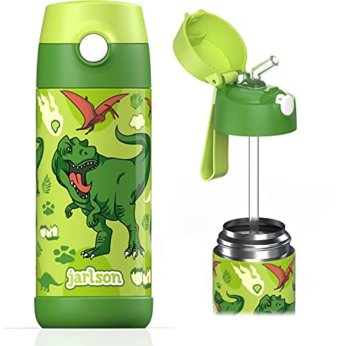 JARLSON kids water bottle with straw - CHARLI - insulated stainless steel water bottle - thermos - girls/boys (Dinosaur 'Star', 12 oz)