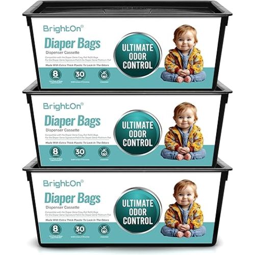 BrightOn Diaper Pail Refills with 90 Bags Compatible with Genie Easy Roll Signature Diaper Pails, 3-Pack (90 Bags) (Unscented)