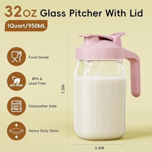 Breast Milk Pitcher Jug - 32 oz Glass Mason Jar Airtight Pitcher with Pour Spout Handle for Breastmilk, Iced Tea, Ice Drinks Storage Container(Pink)