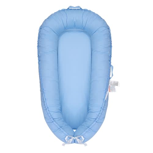 NICEMHAPU Baby Lounger, Newborn Lounger for 0-24 Months, 100% Cotton Soft Adjustable Baby Floor Seat for Travel, Co Sleeper for Girls Boys in Bed, Portable Baby Nest Lounger,Family Essentials(Blue)