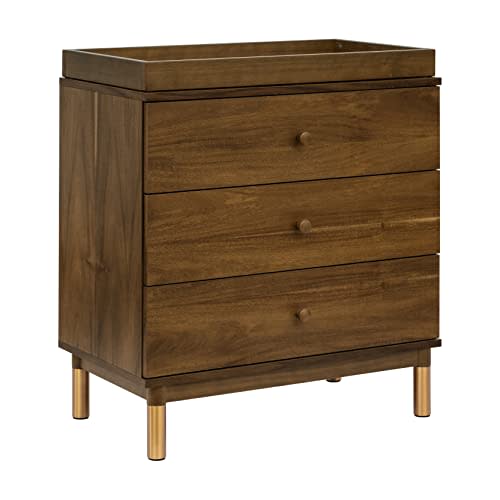 babyletto Gelato 3-Drawer Changer Dresser with Removable Changing Tray in Natural Walnut and Brushed Gold Feet, Greenguard Gold Certified