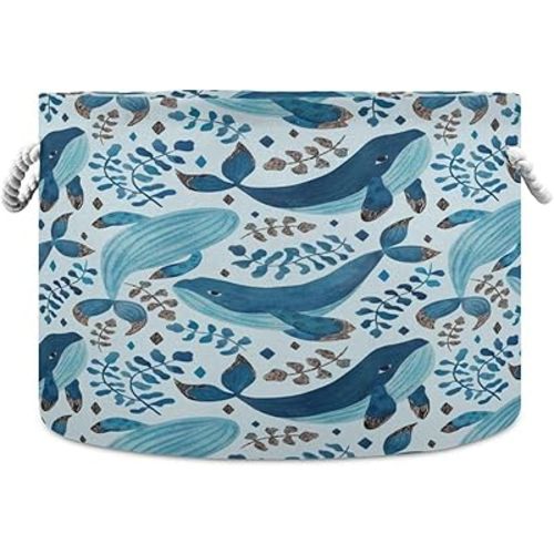 Watercolor Whale Cotton Rope Basket Large Round Baby Laundry Basket Toy Blanket Books Storage Bin for Bedroom Bathroom Nursery Home Decor, 20 x 14 Inch