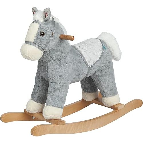 Pony Rocking Horse, Plush Stuffed Animal Rocker with Realistic Sound, Wooden Rocking Pony, Animal Ride on, Home Decor, for Boys & Girls (Gray Horse Pony for 18M+),CPC Certified