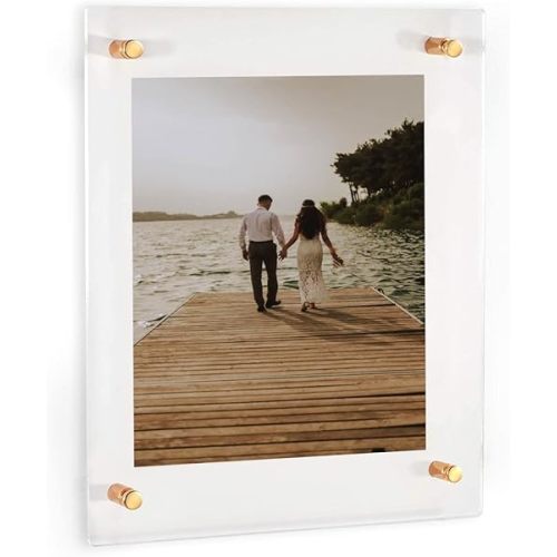 (8" x 10") Clear Acrylic Wall Mount Floating Picture Frame with (Gold Standoffs) Frame-less Double Panel Plexiglass Display for Photos Artwork Posters Paintings (Full Frame is 10" x 12")