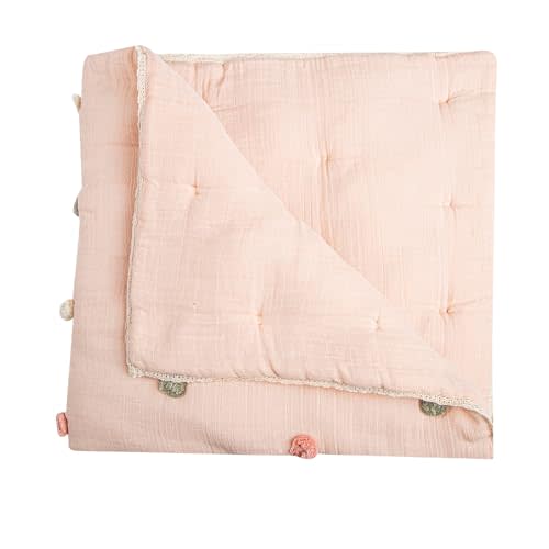 Crane Baby Blanket, 36” x 36”, Soft Cotton Pom Pom Nursery Blanket for Boys and Girls, Light Pink