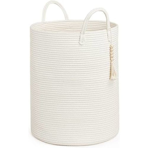 Goodpick White Laundry Basket with Handles, Tall Woven Laundry Hamper for Clothes, Towels, Pillows, Toys, Decorative Blanket Basket for Living Room, Bedroom, Playroom, 16 x 20 inches