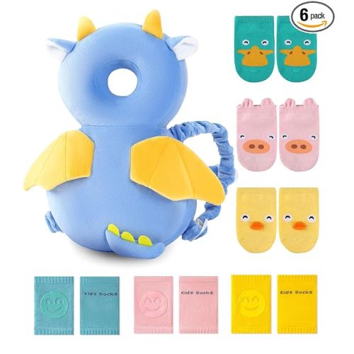 JunNeng Toddler Baby Head Protector Backpack w/ Knee Pads, Anti-Slip Socks - Dinosaur