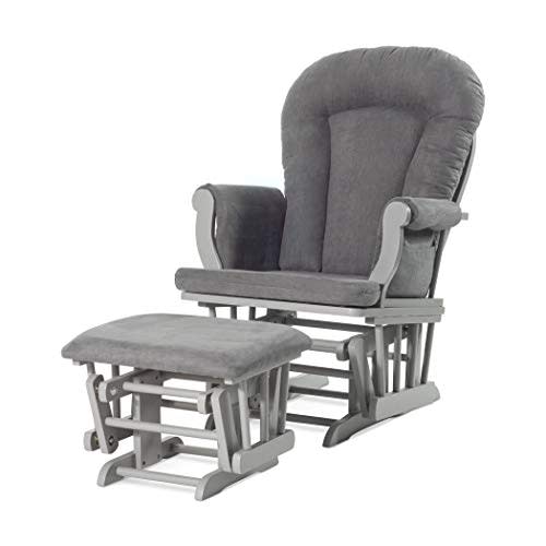 Child Craft Cozy Glider Rocker and Ottoman Set, Padded Cushion with Convenient Storage Pockets, Solid Wood Base & Frame (Cool Gray with Dark Gray Cushion)