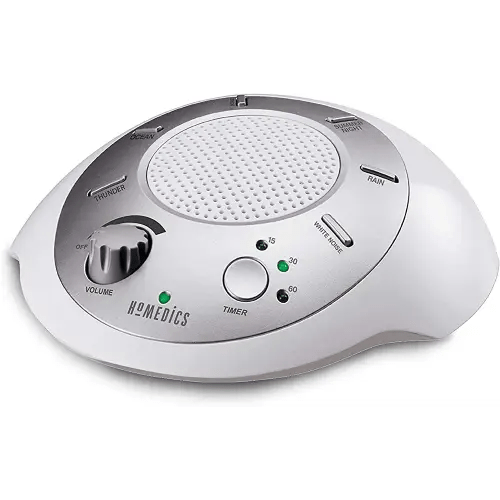 Homedics SoundSleep White Noise Sound Machine, Silver, Small Travel Sound Machine with 6 Relaxing Nature Sounds, Portable Sound Therapy for Home, Office, Nursery, Auto-Off Timer, by Homedics