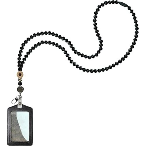 Black Cute Beaded Teacher Lanyard with PU ID Holder Retractable Breakaway Beaded Badge Lanyards for ID Badges for Women Cute Wood