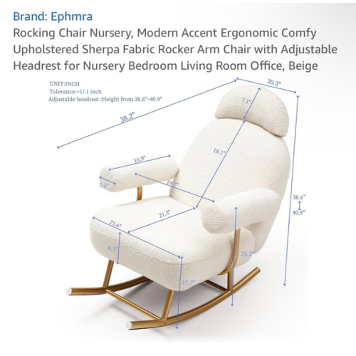 Rocking Chair Nursery, Modern Accent Ergonomic Comfy Upholstered Sherpa Fabric Rocker Arm Chair with Adjustable Headrest for Nursery Bedroom Living Room Office, Beige