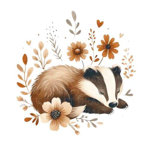 Badger sleeping in autumn flowers watercolour illustration, high quality digital clipart, transparent PNG, 300 Dpi, Jpg and commercial use.