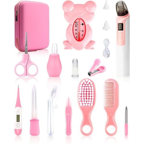 Baby Grooming and Healthcare Kits with Baby Nasal Aspirator, 17 in 1 Portable Baby Safety Care Set with Hair Brush Comb Nail Clipper for Newborn Infant Girl Boys(Pink)