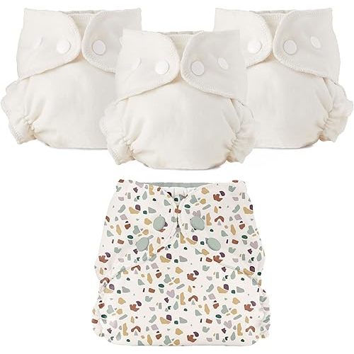 Esembly Cloth Diaper Bundle Set, 3 Organic Absorbent Inners and 1 Waterproof Recycled Diaper Cover, Reusable Washable Diapers with Snap Closure, Size 1 (7-17lbs), Terrazzo
