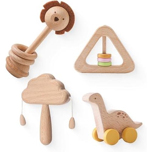 Wooden Baby Toys 4 Pcs Montessori Toys Set Wooden Rattles Grasping Toys Wood Ring,Pick-up Dinosaur Car Toy Set