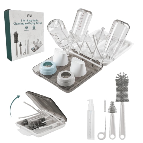 Travel Baby Bottle Cleaning Kit - Portable Silicone Baby Bottle Brush Set - Travel Bottle Drying Rack - Travel Bottle Cleaner Kit - Bottle Washing Kit - Nipple Brush Baby Essential Gray Bazaar Find