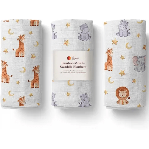San Francisco Baby Muslin Swaddle Blankets, 3-Pack - Soft Bamboo Rayon and Cotton Receiving Blankets for Boys & Girls - Adorable Animal Design