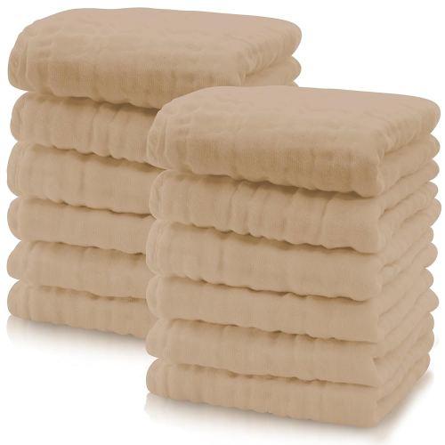 Cute Castle 12 Pack Muslin Baby Washcloths - Large 12'' by 12'' - Ultra Soft 100% Cotton - Super Absorbent Burp Cloths for Unisex, Boy, Girl -Brown
