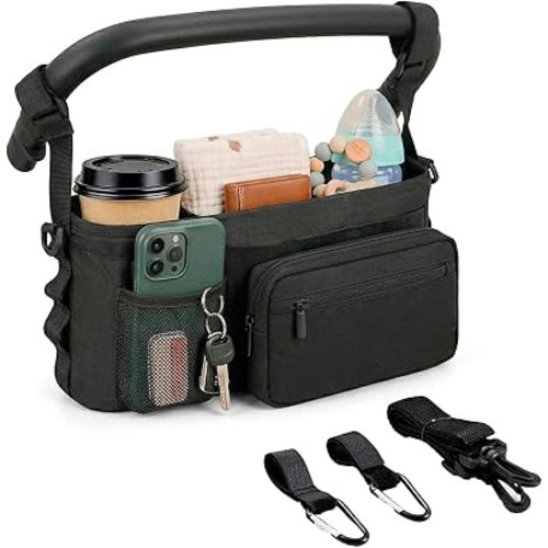 Stroller Organizer Bag with Insulated Cup Holder, Universal Stroller Caddy with Straps & Hooks, Baby Stroller Organizer, Detachable Zippered Pouch, Adjustable Shoulder Strap With Large Storage
