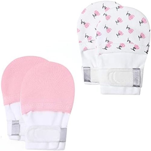 HAPIU Baby No Scratch Mittens Stay On, 100% Cotton Breathable, Adjustable Infant Gloves for Boys Girls, Newborn - 12 M