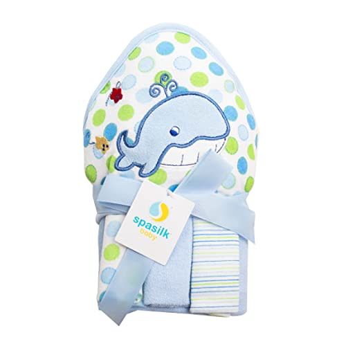 Spasilk Baby Bath Hooded Terry Towel with 3 Washcloths, Baby Bath Essentials, One Size, Blue Whale