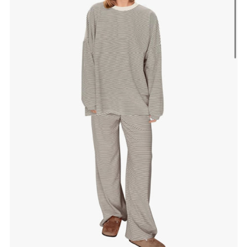 MISSACTIVER Women's 2 Piece Striped Lounge Set Long Sleeve Oversized T-Shirt Wide Leg Pants Matching Pajamas Set