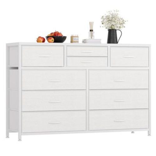10 Drawer Dresser, Tv Stand Entertainment Center Fabric Storage Dressers Drawers For Bedroom, Hallway, Closets, Steel Frame, Wood Top,white