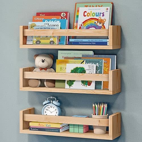 NATURE SUPPLIES Nursery Floating Shelves, Set of 3 for Wall Decor in Playroom or Baby Room, Organizer for Kids' Books, Minimalist Wooden Design Ideal for Storage and Display, Natural Finish
