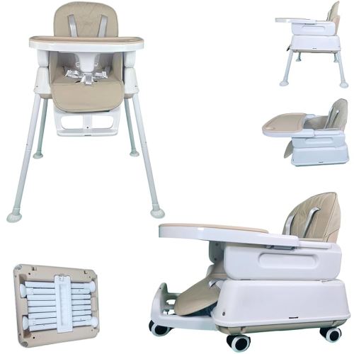 7-in-1 Fully Convertible Baby High Chair – From Newborn Recliner to Toddler Booster, Foldable & Portable, Easy-Clean Washable Cushion, Removable Tray, 5-Point Safety Harness – Grows with Your Child (Kakhi)