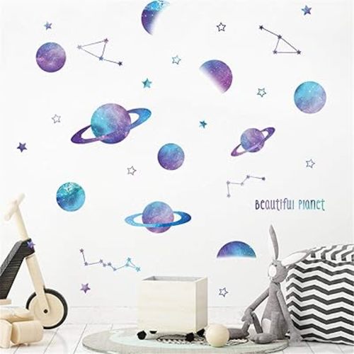 ROFARSO Beautiful Blue Planets Wall Stickers Outer Space Stars Constellation DIY Vinyl Removable Large Wall Decals Art Decorations Decor for Kids Boys Bedroom Living Room Playing Room Murals