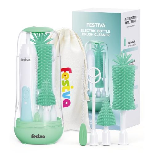 Festiva Electric Bottle Brush Cleaner - Baby Bottle Brush Set with Bottle Brush, Mixing Head, Nipple & Straw Brush, Baby Travel Essential, (Green)