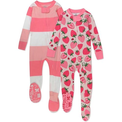 HonestBaby 2-Pack Non-Slip Footed Pajamas One-Piece Sleeper Jumpsuit Zip-Front Pjs 100% Organic Cotton for Baby Girls