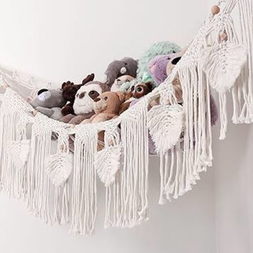 Boho Stuffed Animal Storage Net Hammock,Large Corner Hanging Toy Net,Macrame Stuffy Hammock Holder-Large Beige