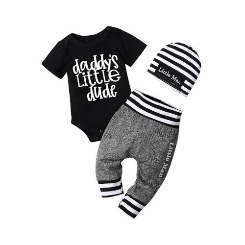 Fommy Newborn Baby Boy Clothes New to The Crew Letter Print Romper+ Pants+Hat 3PCS Outfit
