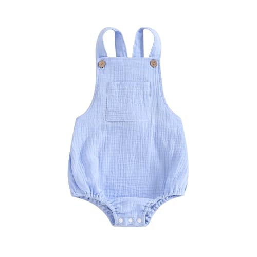 Sasaerucure Baby Cotton Linen Overalls Solid Color Sleeveless Square Neck Backless Romper for Boys Girls