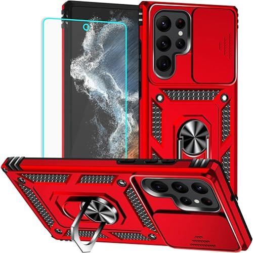 HNHYGETE for Samsung Galaxy S22 Ultra Case with Screen Protector: [Military Grade 20ft. Drop Tested] Slide Camera Cover Ring Shockproof Protective Phone Case for - Galaxy S22 Ultra (Red)
