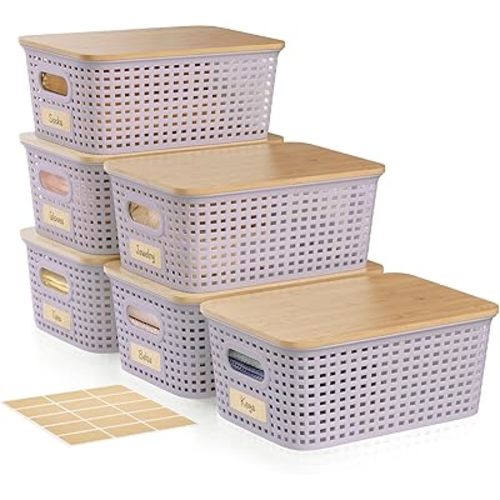 Plastic Storage Bins with Bamboo Lid - Plastic Storage Baskets with Lid - Stackable Container with Lable for Organizing: Small Storage Box for Shelves Office Cabinet Drawer ,10x7.2x4 In - Purple 6 Pcs