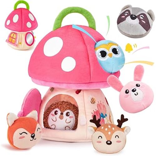 hahaland Baby Girl Toys 6-12 Months - My First Mushroom House with Stuffed Jungle Animals, Rattle, Crinkle Paper, Mirror - Developmental Sensory Montessori Toys for Toddlers 1 Year Old Girl Gifts