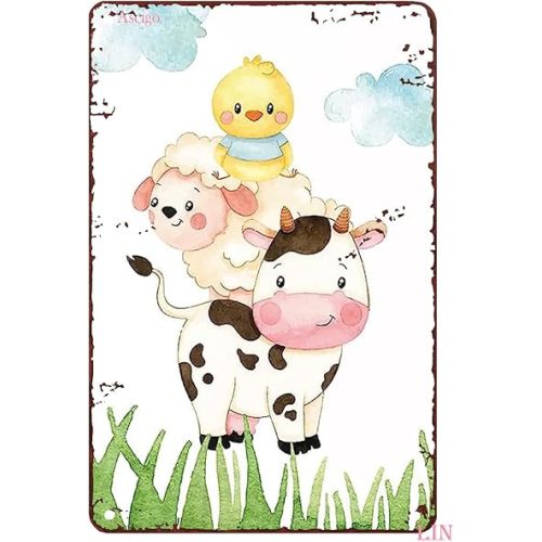 Metal Farm Animal Wall Art - Cute Watercolor Nursery Decor - Cow, Sheep, Chicken - 8x12 inch Tin Sign for Baby Room