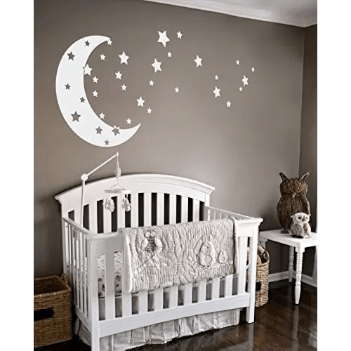 Moon and Stars Night Sky Vinyl Wall Art Decal Sticker Design for Nursery Room DIY Mural Decoration (White, 22x49 inches)
