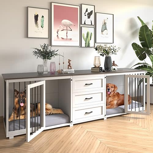 Furniture Style Dog Crate - Farmhouse Wooden Dog Kennel Furniture with 3 Drawer, Double Doors with Locks, 95"x23"x32"H, White