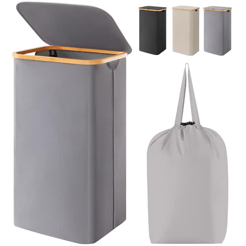 Lifewit 100L Laundry Basket with Lid, Clothes Hampers for Laundry with Bamboo Handles and A Removable Bag, Large Foldable Laundry Hamper for Bedroom, Bathroom, Dorm, Laundry Room, Gray