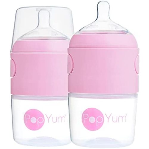 PopYum 5 oz Pink Anti-Colic Formula Making / Mixing / Dispenser Baby Bottles, 2-Pack (with #1 Nipples)