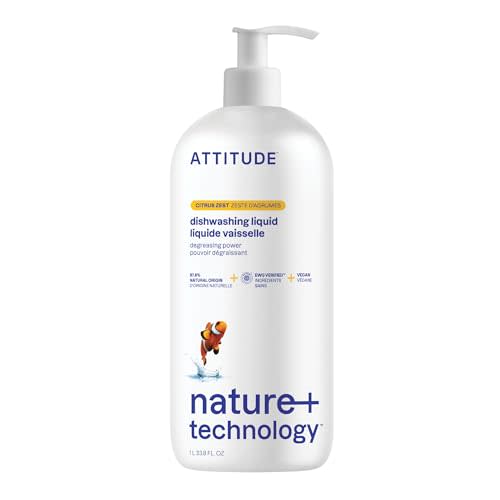 ATTITUDE Dish Soap, EWG Verified, Plant-Based & Vegan Dishwashing Liquid, Naturally Derived, Citrus Zest Scent, 33.8 Fl Oz